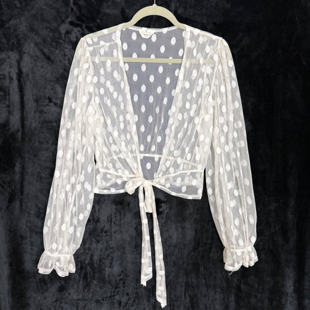 Sheer Polka Dot Tie Front Crop Top Festival Boho Y2K Blouse Chic Size L - Picture 2 of 7